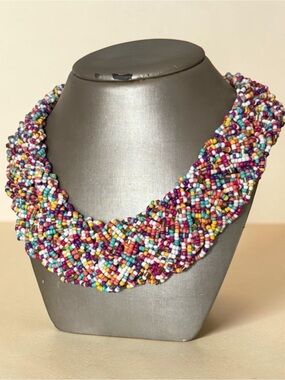 Multicolor Wide Beaded Braided Statement Necklace